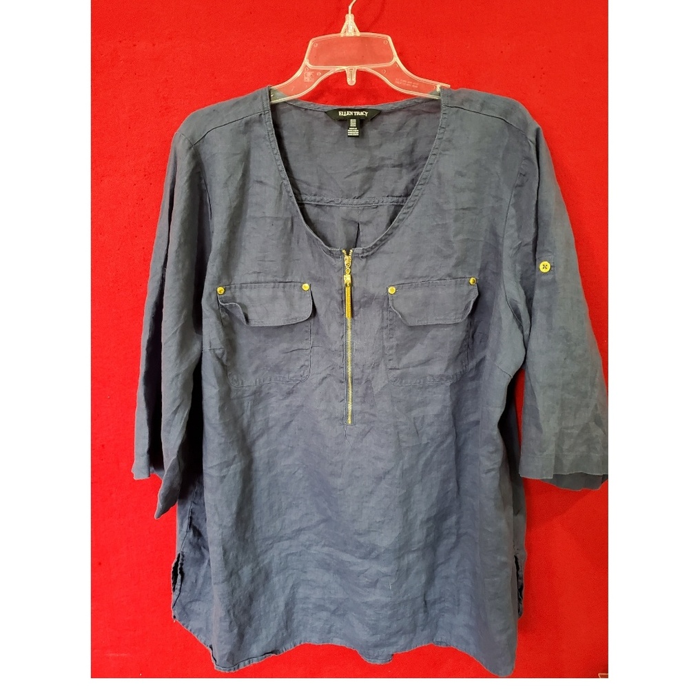 Ellen Tracy Blue Linen Blouse